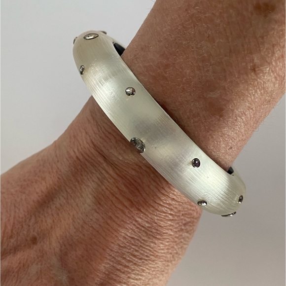 Alexis Bittar Frosted White Hinged Bangle Bracelet with metallic silver dots - Picture 8 of 9